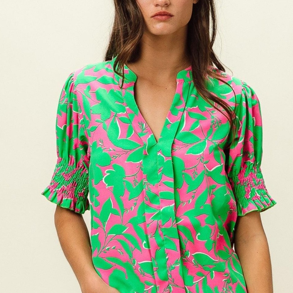 BiBi Vibrant Pink and Green Floral Blouse